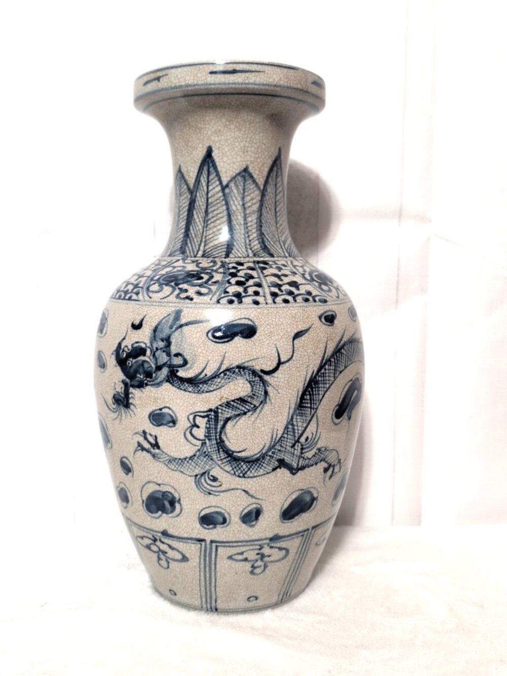 Large Chinese Ceramic Dragon Vase 15" Tall Blue and Grey Unmarked GUC